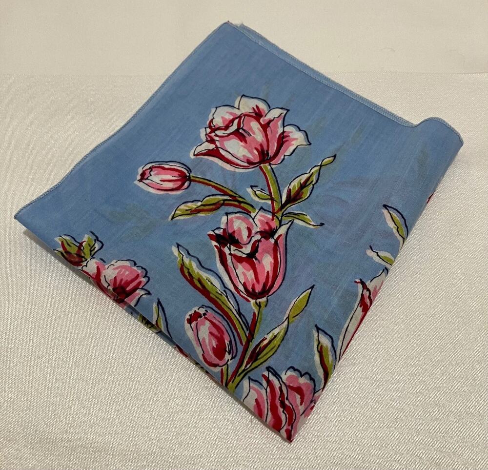 Vintage Handkerchief Floral Tulip Blue Pink Botanical Spring Square 12x12